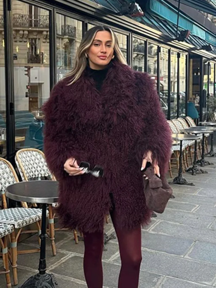 Elegant Burgundy Color Thicken Warm Fluffy Fur Coat Women Chic Oversized Lapel Plush Faux Fur Jackets 2024 Lady High Streetwear