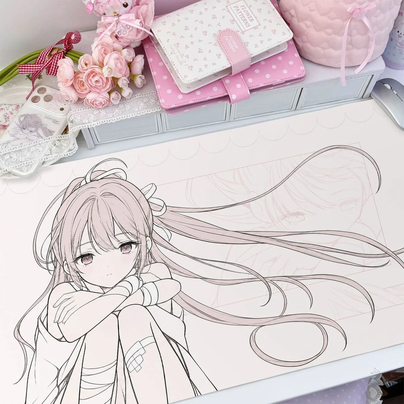 Japanese Anime Girl Long Hair Hurt Korea Y2K Leather Desk Pad Protector Mouse Pad Office Desk Mat Non-Slip PU Desk Blotter Pad