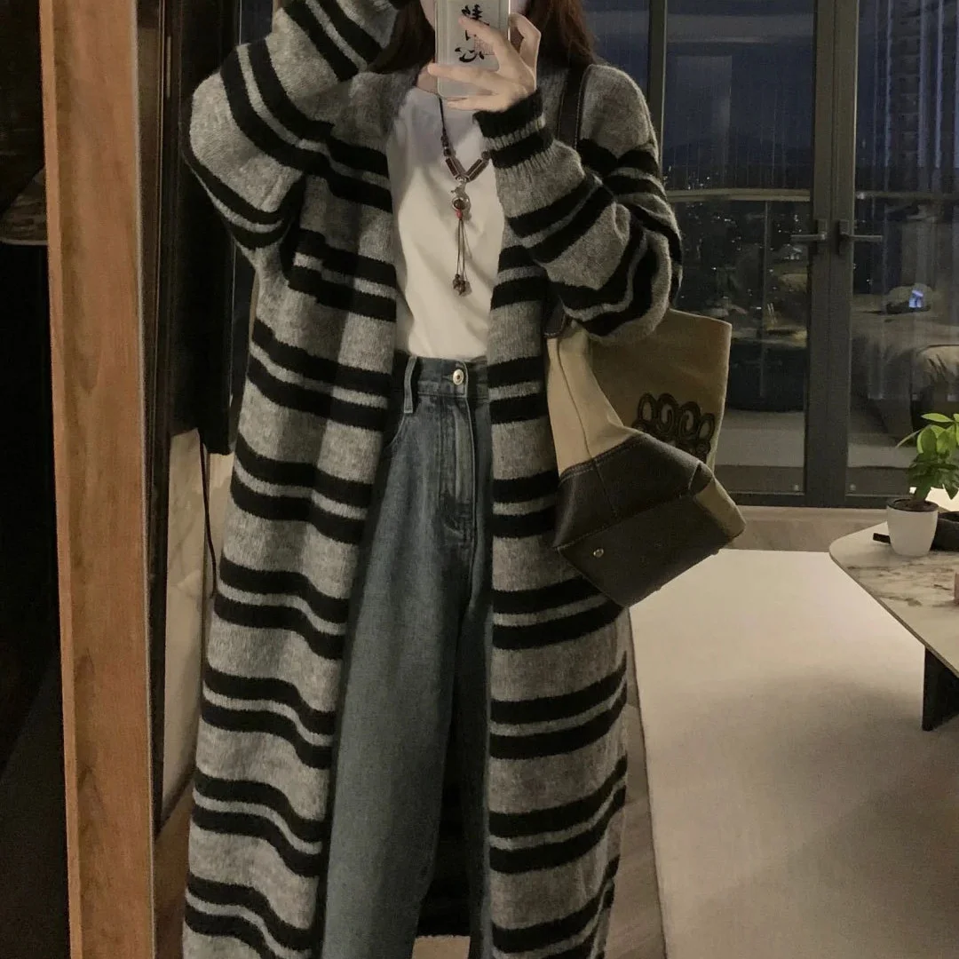 

Удлиненный кардиган женский зимний, вязаный, с воротником-стойкой, крупной вязки, приталенный, винтажный, в стиле Харадзюку