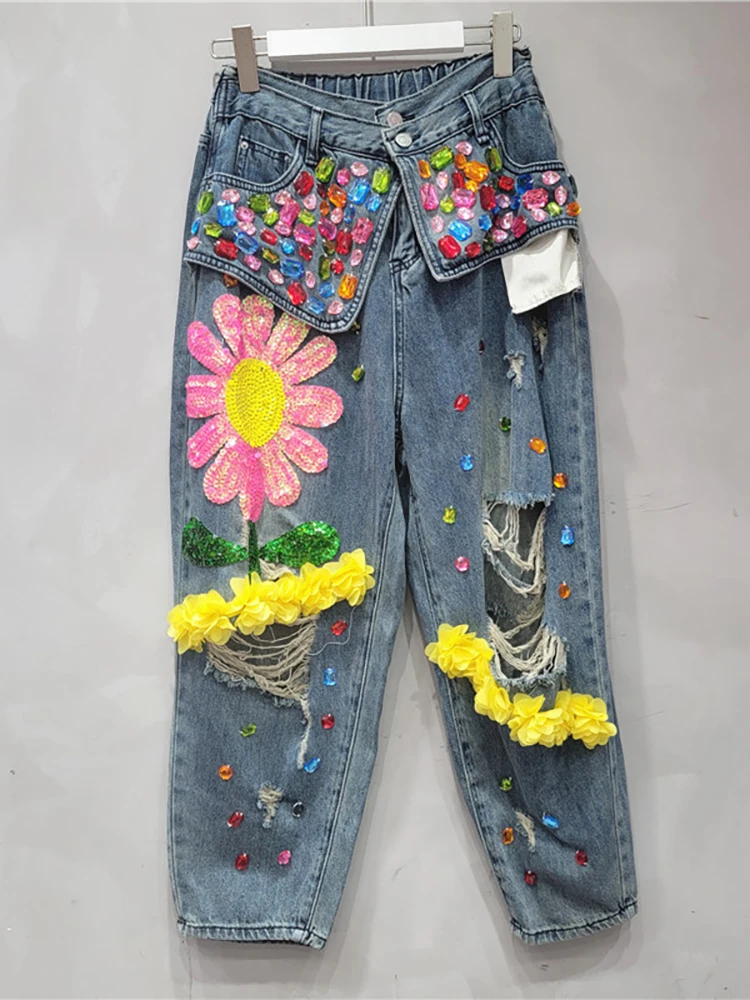 DEAT Women Jeans Patchwork Pockets Elastic Waist Sequins Flower Diamond Broken Holes Denim Pants 2024 Autumn New Fashion 29L7860