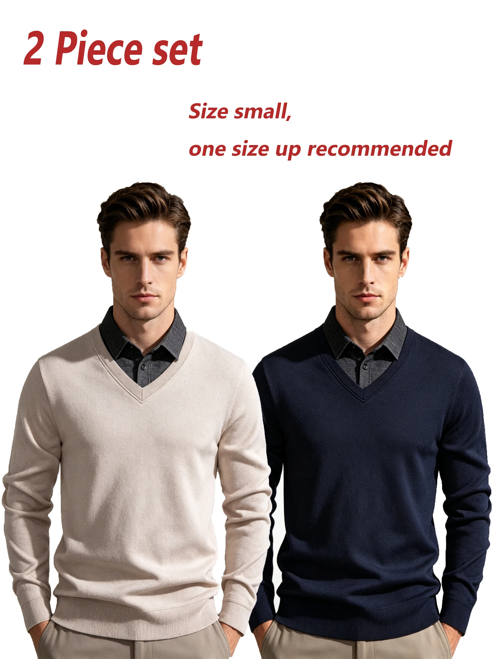 2-Pack Men's Business Casual V-Neck Knit Top Long Sleeve Pullover Fake Two-Piece Set for Work And Daily Wear
