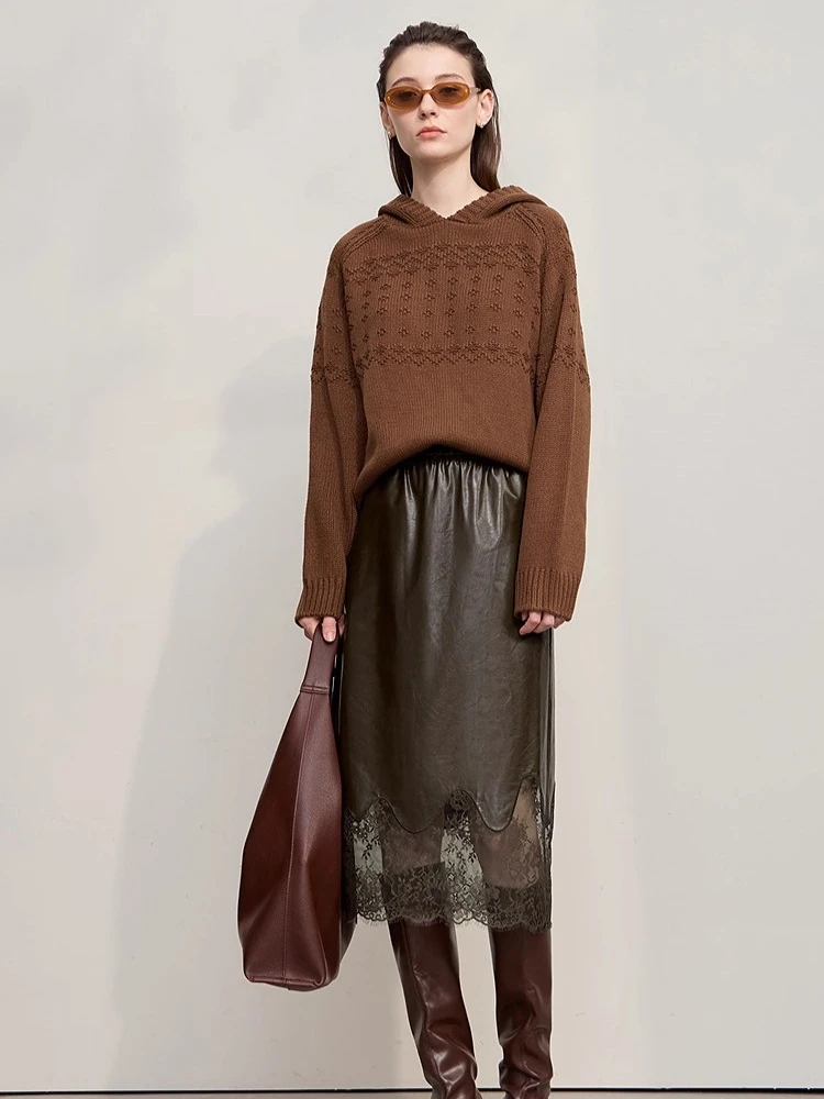 

AMII Women's Skirt 2025 Autumn New Minimalist Versatile Clothing Ladies Leather Splicing Lace Solid A-line Midi Skirt 12543095