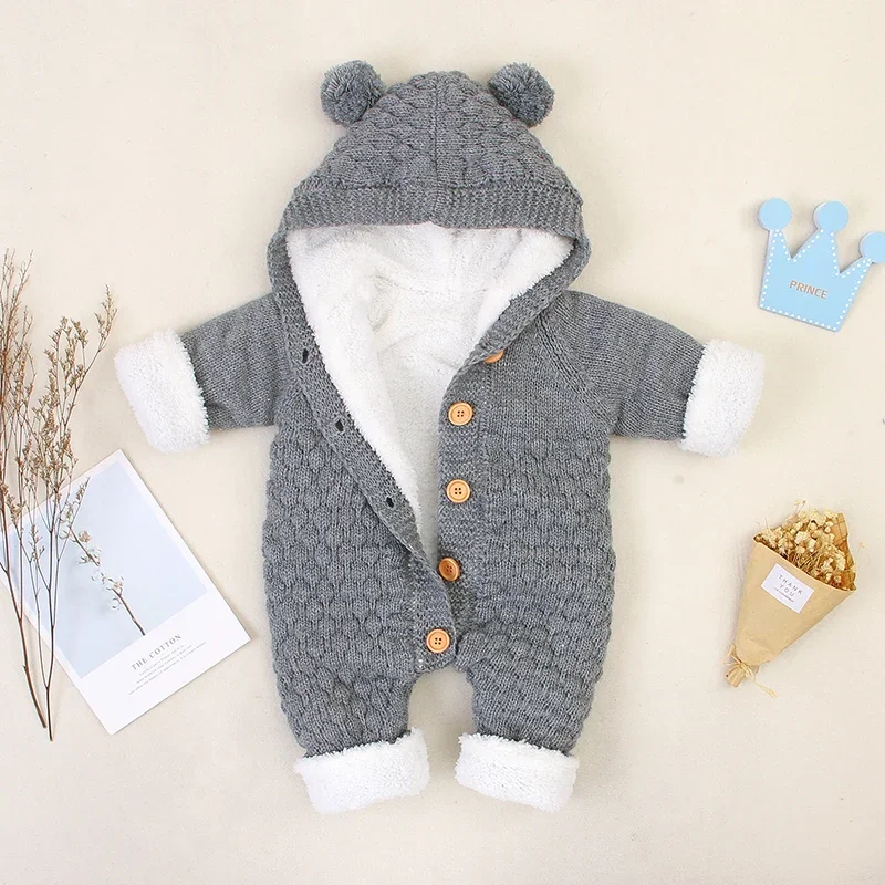 Baby Romper Long Sleeve Winter Warm Knit Newborn Infant Fleece Jumpsuit Toddler Boy Girl Clothes Outfit Fashion Hooded Cute Ears