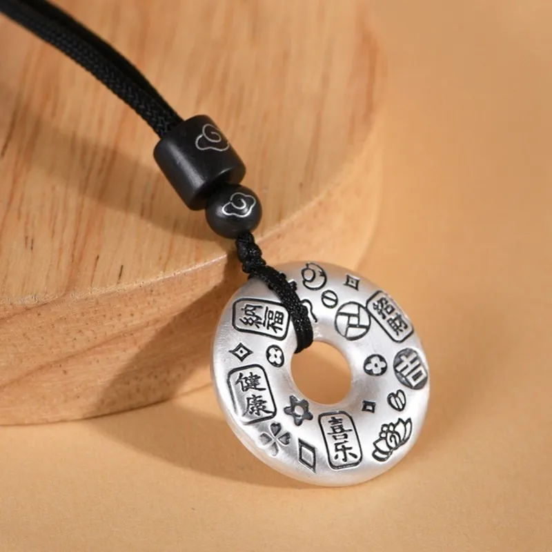 S990 Silver Retro Joyful Peace Auspicious Words Peace Buckle Pendant