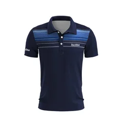 Men's Golf Clothing Blue and White Line Printed Men's Summer Golf T-Shirt Top Quick Drying Golf Club Button T-Shirt Polo Shirt