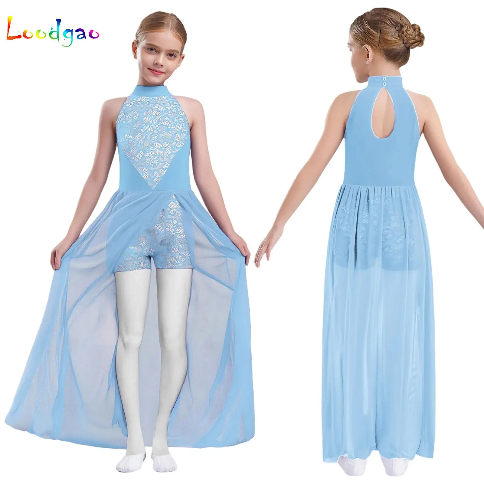 

Kids Flower Girls Evening Party Dress Halter Sleeveless Long Maxi Gown Chiffon Split Skirt Jumpsuit Lyrical Modern Dance Costume