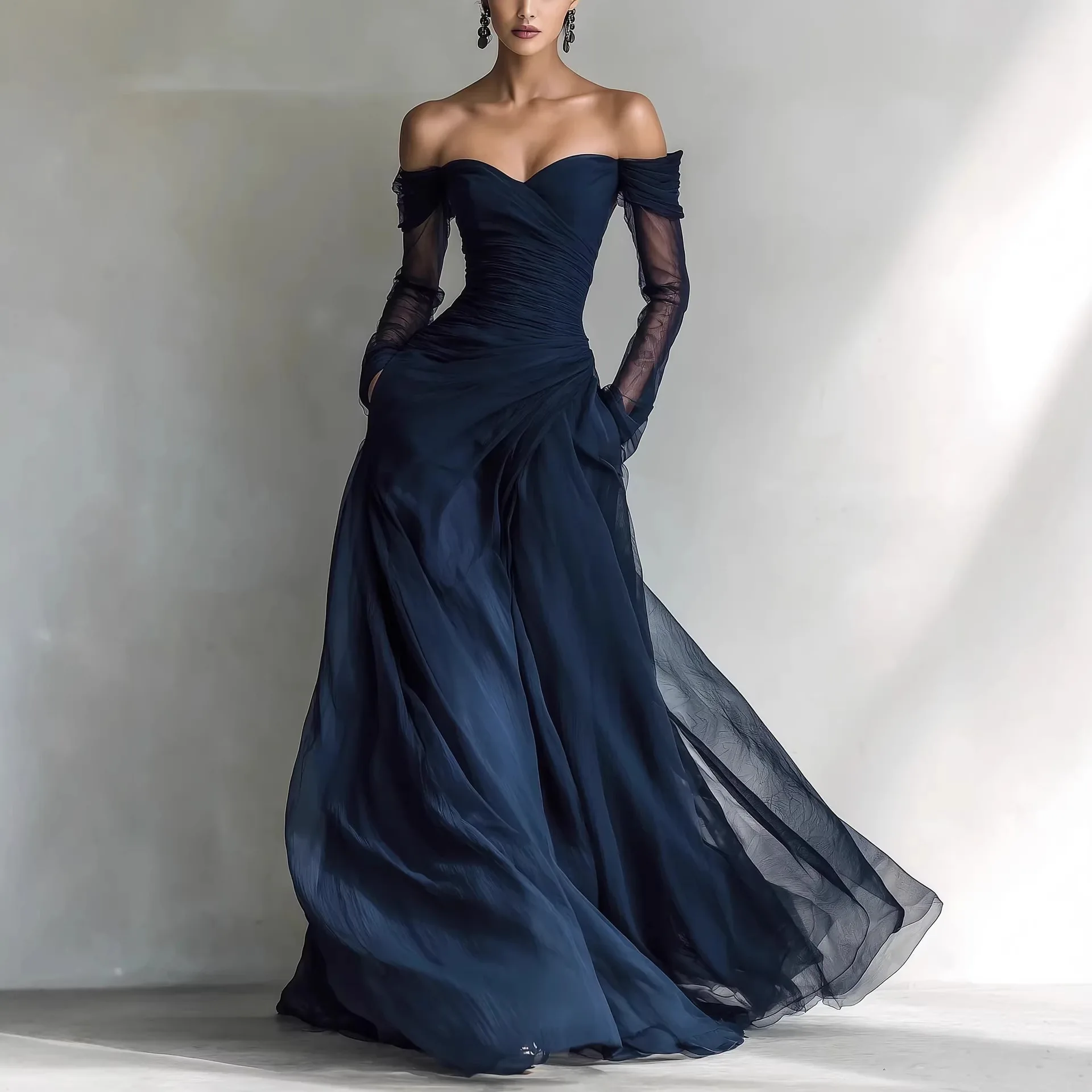 

Sexy Navy Blue Tulle Evening Dress Off the Shoulder Full Sleeves A-Line Pleated Prom Gowns Women's Party Gown Dresses 2026