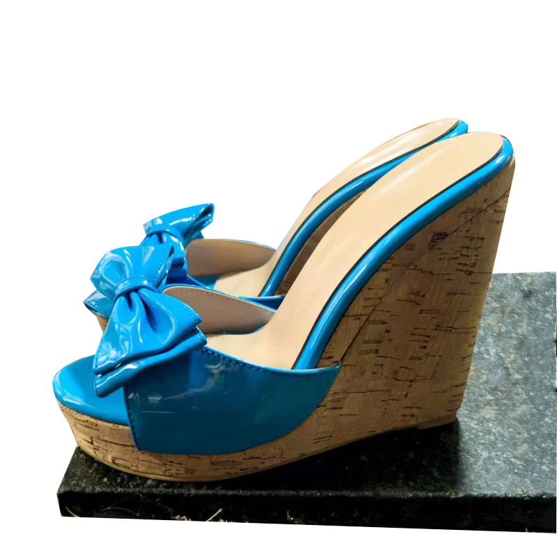 SHOFOO Fashionable women's high-heeled slippers. Sky blue/pink patent leather slippers. About 12-14cm heel height.  Bow slippers
