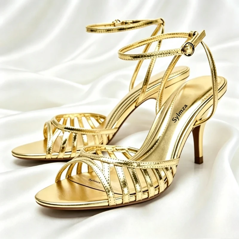 Sexy Gold Ankle Strap Heeled Sandals Women 2026 Summer Round Toe Hollow Design Luxury Heels for Ladies Elegant Party Dress Shoes