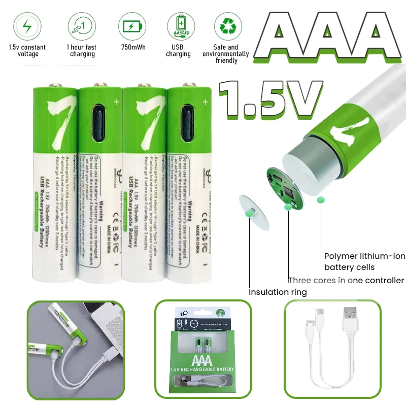

1.5V AAA Rechargeable Li-ion Battery 750mWh - USB Charging for Remote Control/Wireless Mouse/Keyboard - Includes Cable