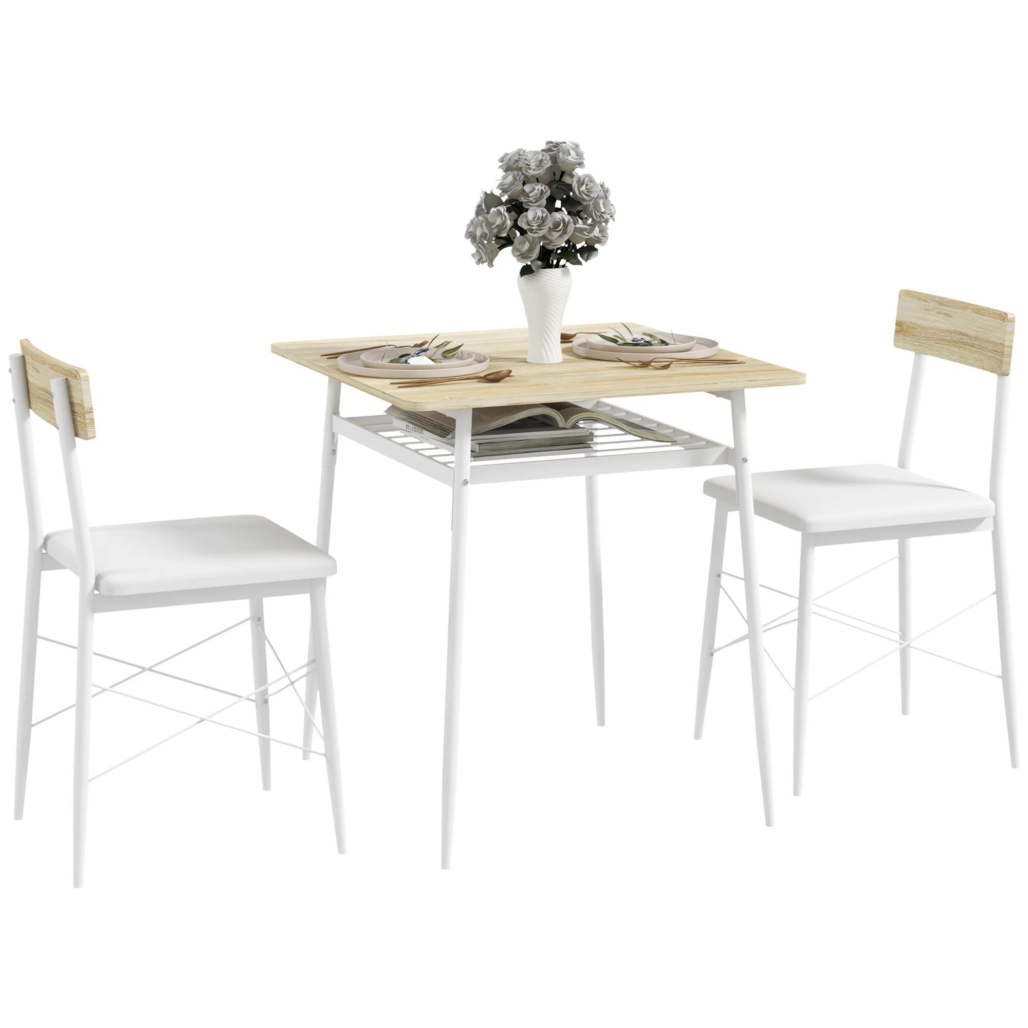 Homcom Ensemble table à manger et chaises 3 pièces avec étagère ouverte cadre en acier blanc et chêne