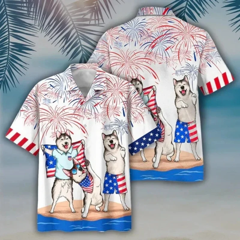 

Independence Day Pattern Hawaiian Shirt For Men America Cat Dog 3D Printed Short Sleeve Blouse Summer Casual Loose Aloha Shirts