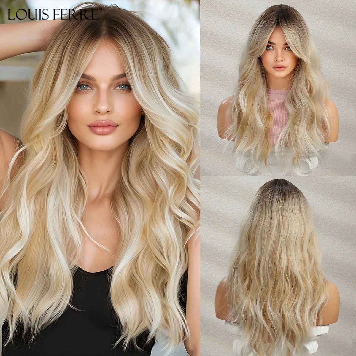 LOUIS FERRE Blonde Synthetic Wigs With Dark Roots For Women Daily Party Long Wavy Curly Natural Hair Wigs Heat Resistant Fiber