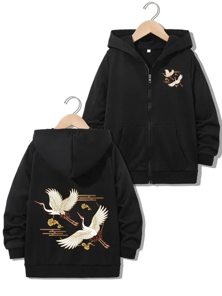 Elegant Vintage Golden Cloud Red Crane Dual Print Kids Grey Zip Hoodie Pocket Design Comfort Casual Children Oriental Jacket