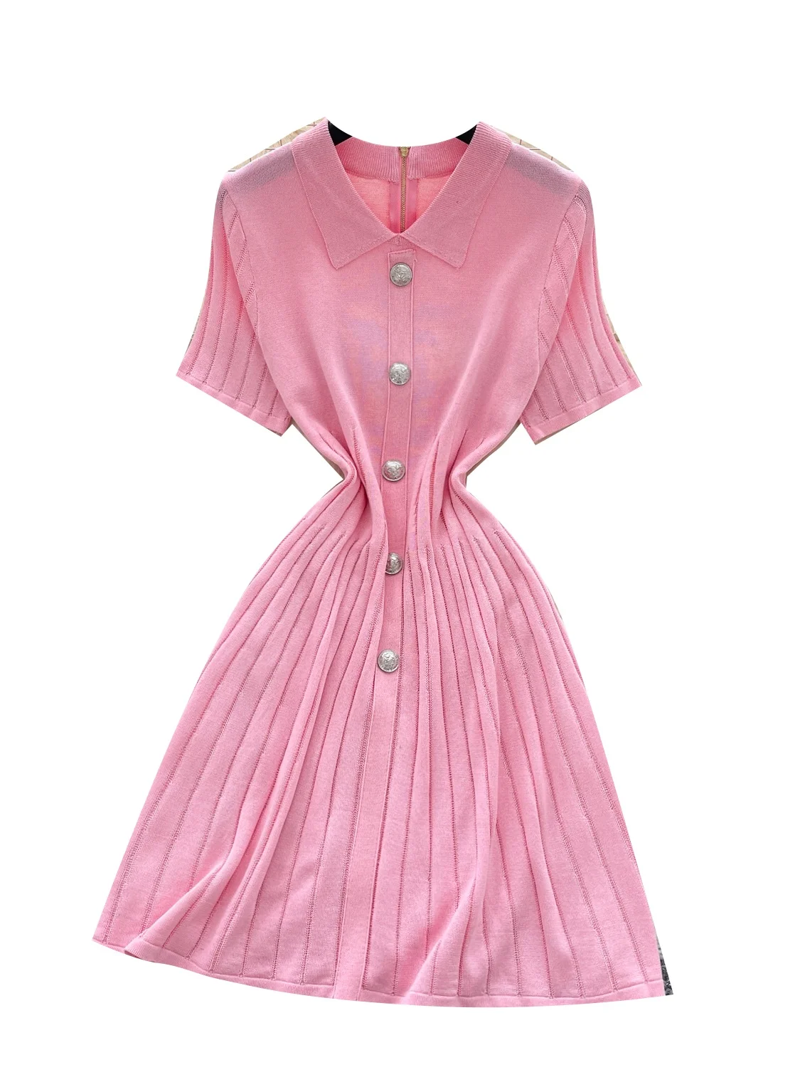 กระโปรงทรงเอเอวสูงถักนิตติ้งสีน้ำเงินเมทัลลิก รุ่น Retro Collar สำหรับผู้หญิง ช่วยให้ดูผอมเพรียว เหมาะสำหรับฤดูร้อน