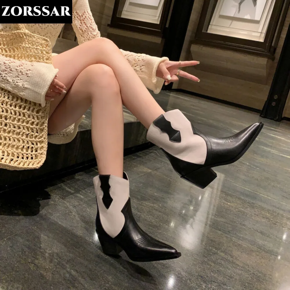 

Genuine Leather Chunky High Heels Cowboy Boots Women Winter Shoes Classics Western Boots Pointed Toe Concise Dating Ankle Boots