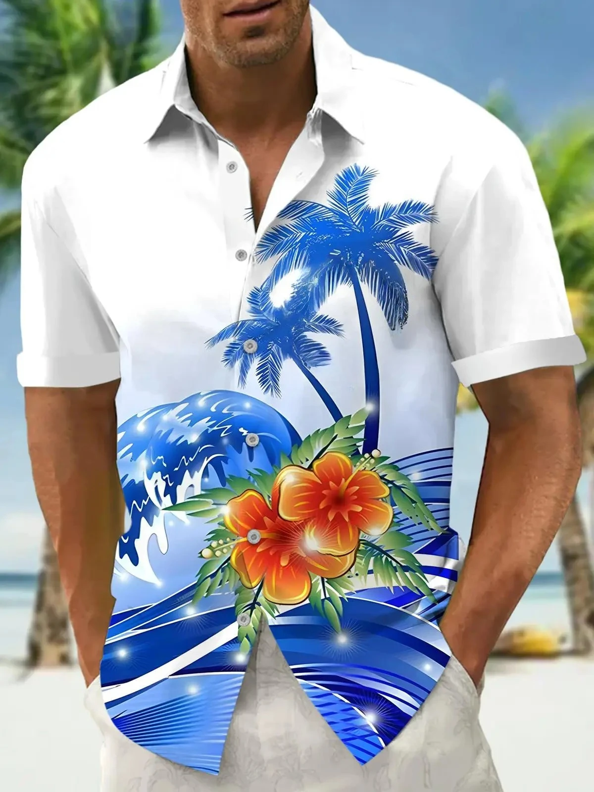 Men's Coconut Tree Wave Hibiscus Print Short Sleeve Lapel Shirt Tropical Vacation Design Loose Summer Beach Casual Mens Clothing