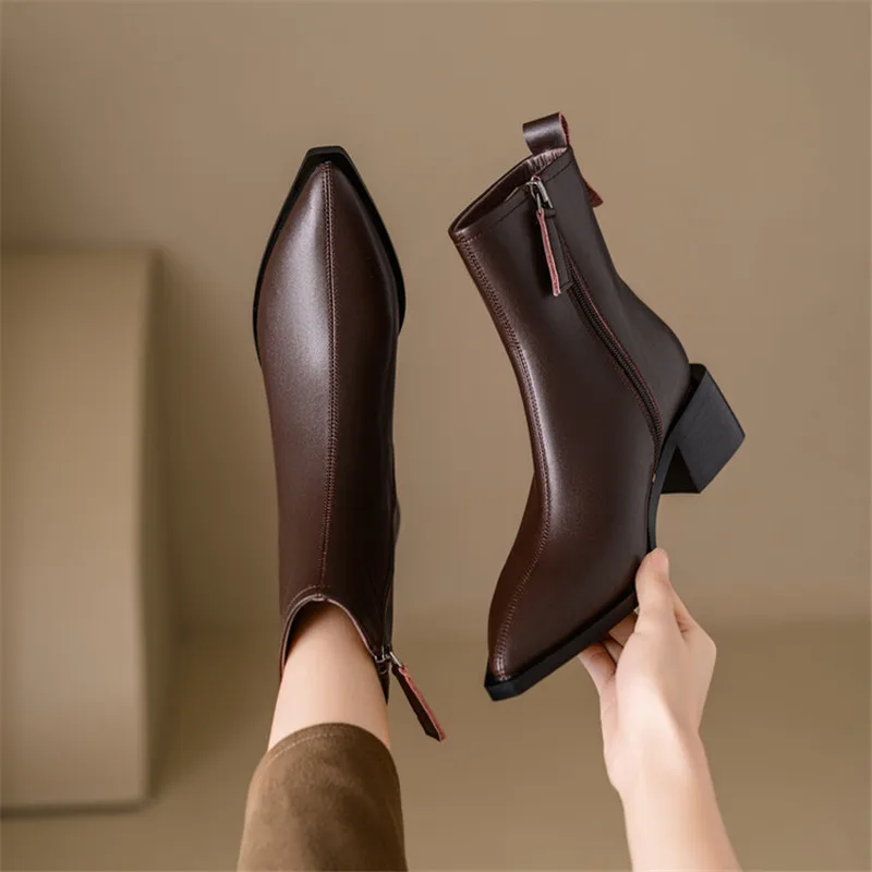 New Autumn Winter Cow Leather Women Boots Fashion Pointed Toe Knight Boots for Women Short Boots Women Chunky Heel Botas Mujer