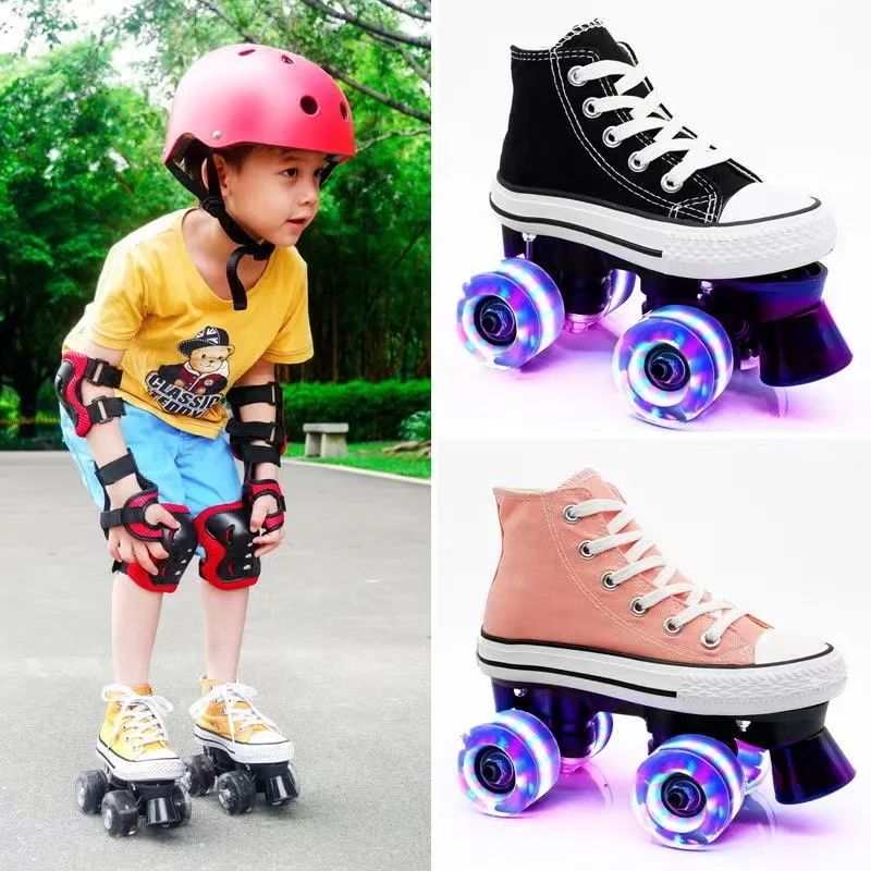 Patines de ruedas de doble fila, zapatos de lona para niños y niñas, deslizamiento luminoso para principiantes, en línea, zapatillas de patinaje cuádruple, entrenamiento