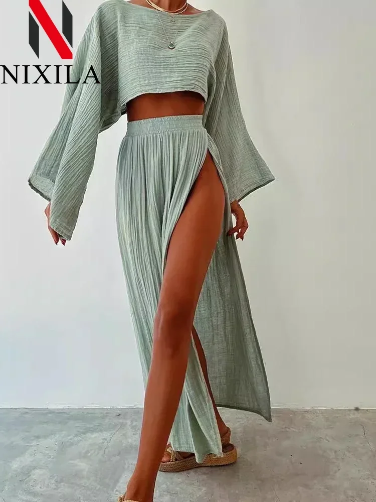 Women's Crop Skirt Set Long Sleeve High Waist Split Beach Coverup Party Outfit Two-Piece Set