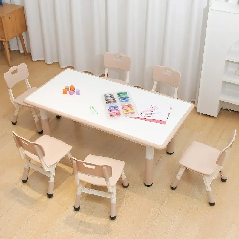 Kids Table and Chair Set, Height Adjustable Table with 6 Seats, Preschool Table,Kids Table for Classrooms/Daycares/Homes