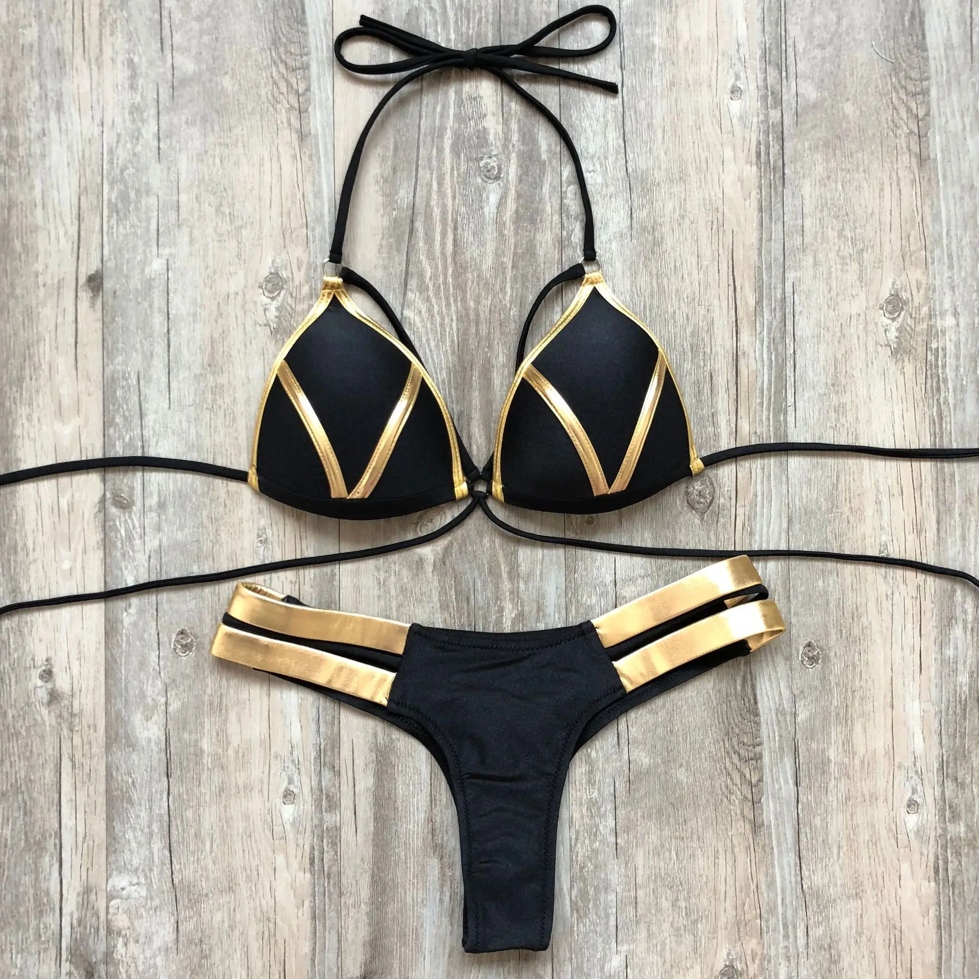 Conjunto de biquíni dourado feminino, maiô acolchoado sexy, roupa de banho push up, praia verão, maiô brasileiro, 2023