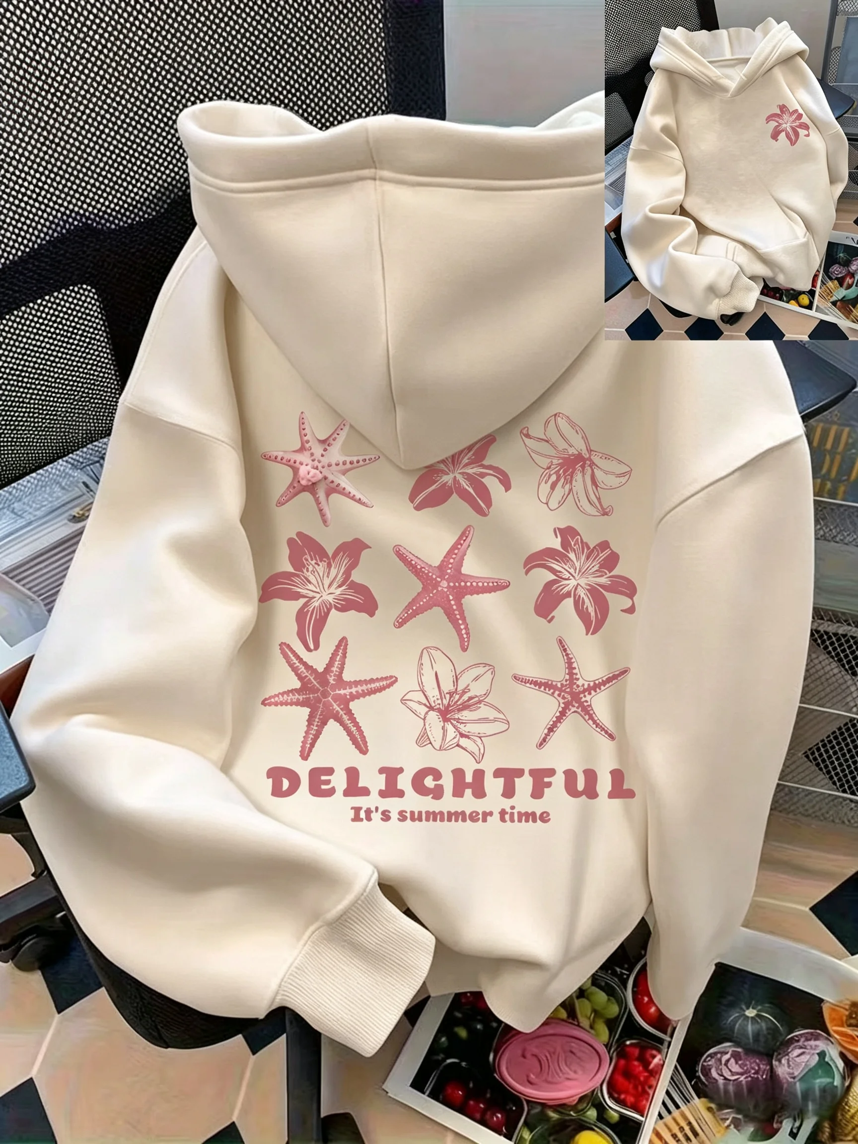 Women's casual seashell and letter pattern front and back printed pullover hoodie women's casual top versatile style hoodie