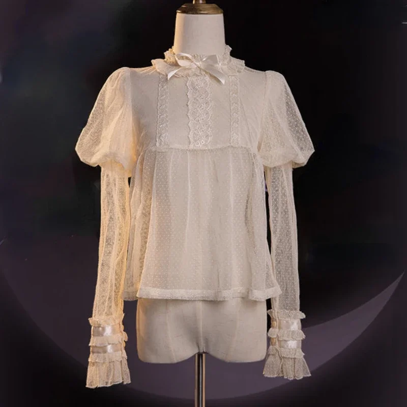 

Women Sweet Bow Roffles Lace Mesh Long Sleeved Shirts Japanese Victorian Retro Lolita Blouses Girls Kawaii Loose Jsk Inside Tops