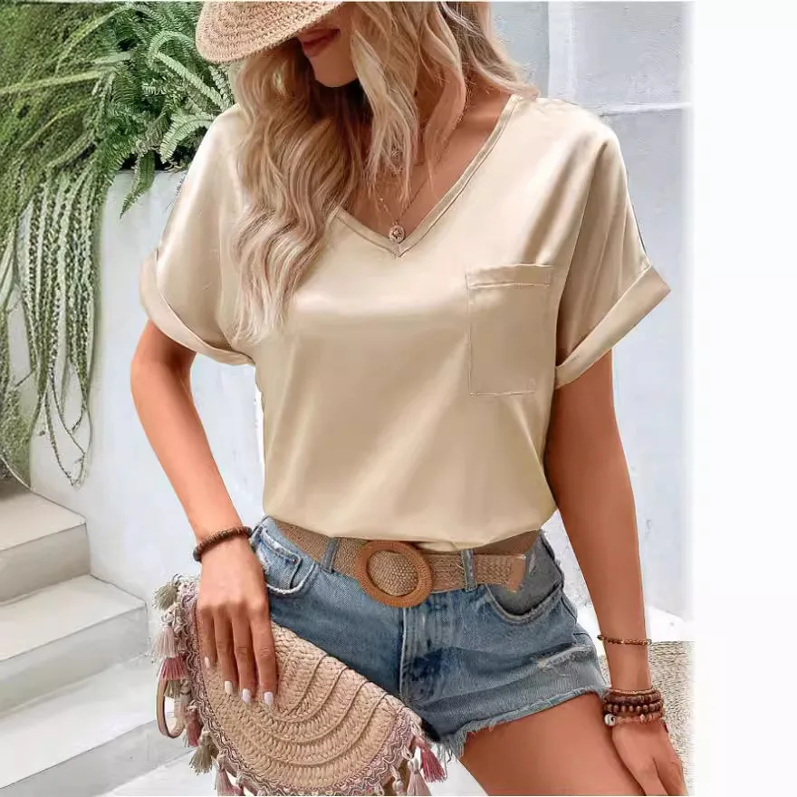 2024 Cross border Amazon Women's Colored Satin V-neck Pocket T-shirt with Curled Short Sleeves Loose Casual Top