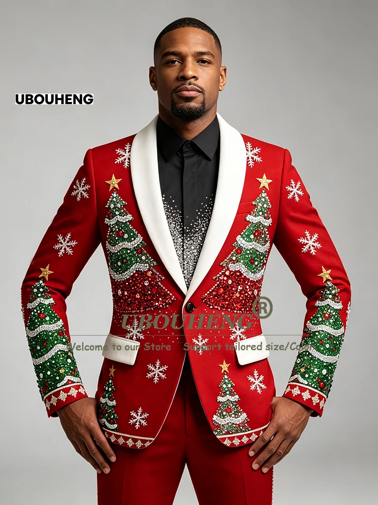 Handmade Suits Men Christmas Festival Beaded Crystals Sequin Prom Blazer Pants 2 Piece Sets Man Banquet Tuxedo Terno Masculinos