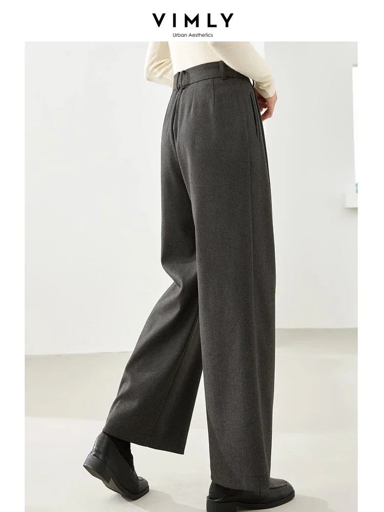 Vimly Grey Woolen Wide Leg Dress Pants for Women 2023 Winter Straight Loose Casual Trousers Female Suit Pant Woman Clothes M5570