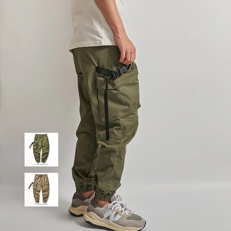 Spring Summer Japanese Retro Military Outdoor Cargo Pants Men\'s 97% Cotton Washed Multi-pocket Loose Casual Ankle-tied Trousers