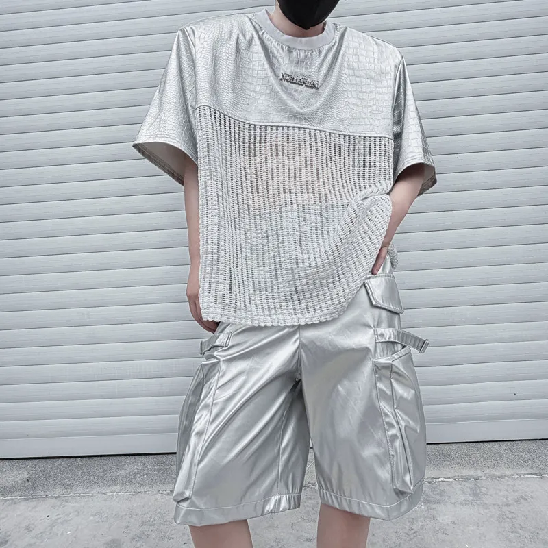 Summer Transparent Mesh T-shirt for Man Short Sleeved Hollow Out See Through Men T Shirts Hip Hop Snake Skin Patchwork Tee Tops