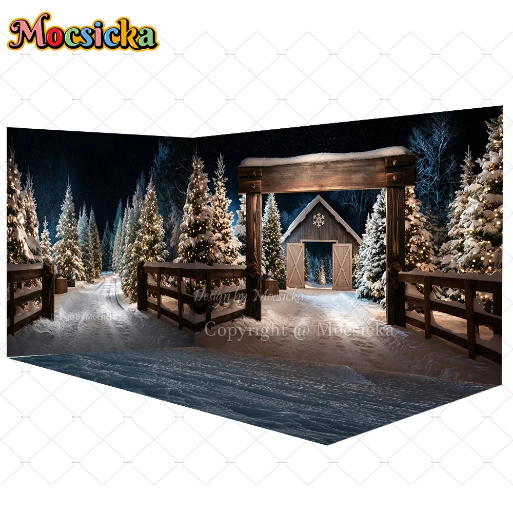 Mocsicka 3D Christmas Tree Night Scene Backdrop Photography Winter Snowy Cabin Background Family Kids Holiday Party Photo Shoot