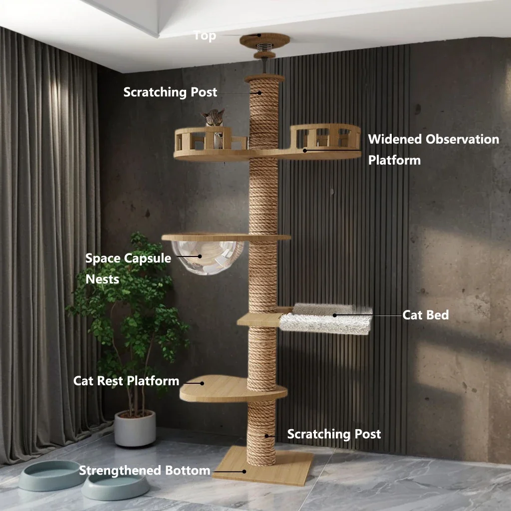 

Customizable Tour d'arbre réglable pour chat, maison en bois à plusieurs niveaux au sol au plafond avec poteau à gratter, hamac,