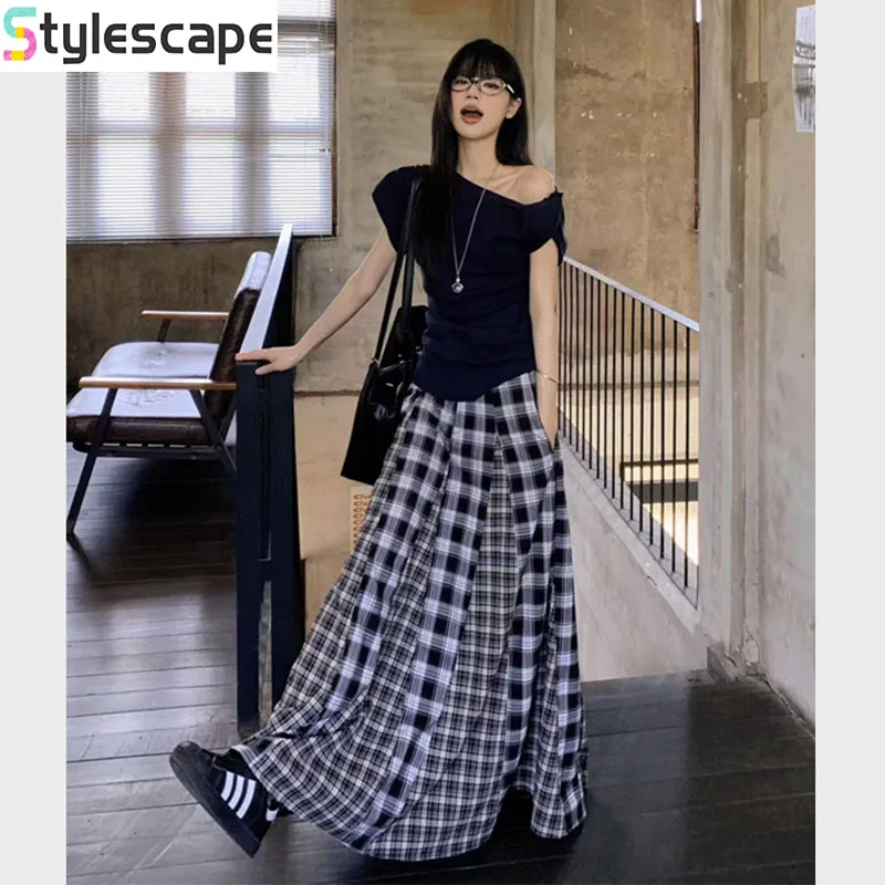 

Top/skirt Single Piece Summer Design Slim Fit and Irregular Spicy Girl Off Shoulder Top+large Skirt Patchwork Plaid Skirt Set