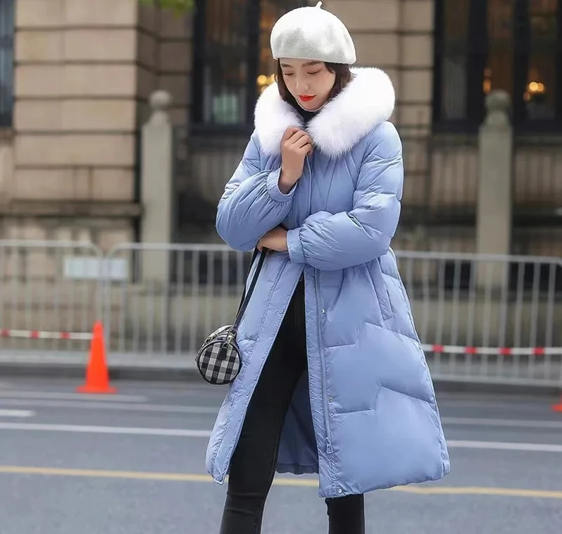 صديقة للبيئة المرأة منتصف طول أسفل سترة طوق الإفراط في الركبة الأبيض بطة ريشة ملابس خارجية نمط تخفيف أنيق #4