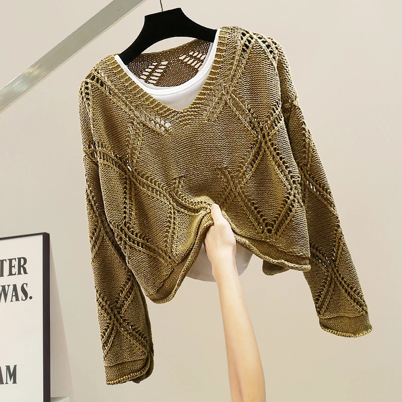 

Sexy Hollow out Knitted Two Piece Set Long Sve V Ne Design Heavy Work Waing Agel Top Trendy Commute Sle Cotton Blend