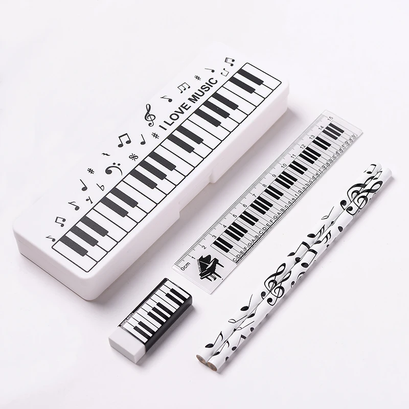 Musiknoten Feder mäppchen Set Klavier tastatur Ich liebe Musik note Bleistift Radiergummi Lineal Klavier Geschenkset Briefpapier Set