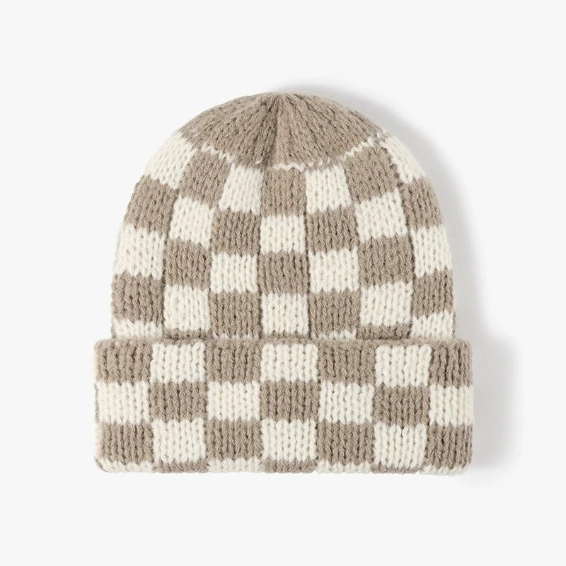 Schachbrett-Strickmütze, Herbst und Winter, koreanischer Stil, Nische, großer Kopfumfang, Wollmütze, japanischer Stil, Weihnachtsmütze – Detail 6