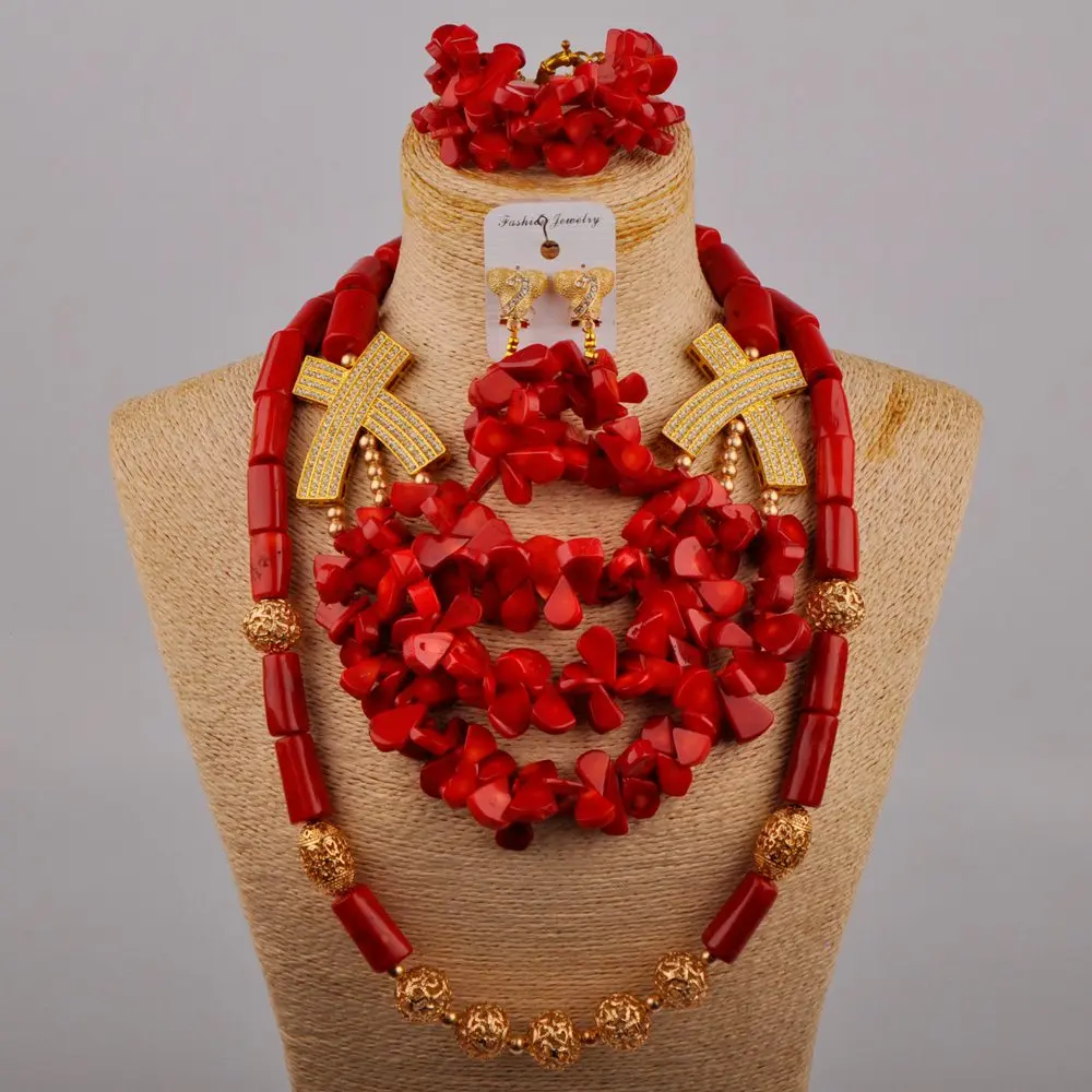 

New Red Natural Coral Necklace Nigerian Bride Wedding Banquet Jewelry African Women Wedding Jewelry Set AU-724