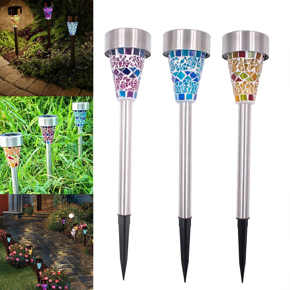 

3 pcs Solar Powered Lawn Lights Led Stainless Steel Waterproof Outdoor Garden Pathway Landscape Lighting White Light Blue