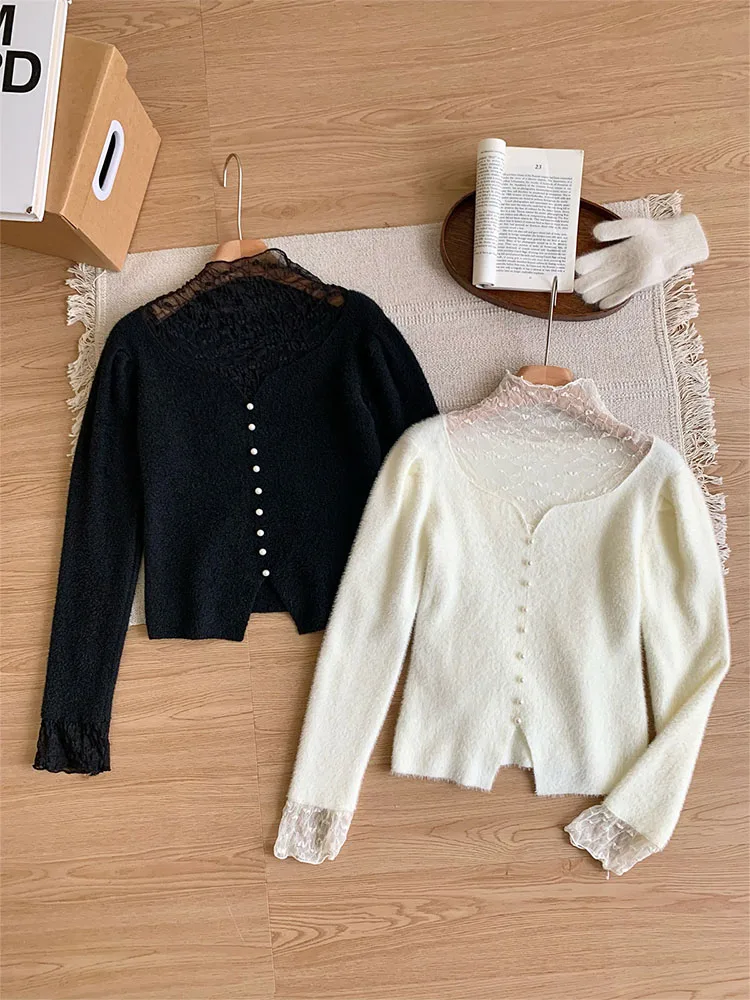 2000s Aesthetic Autumn Winter Solid Sweater Gyaru Lace Patchwork Sexy Jumper Turtleneck Long Sleeve Pullover Oversized Coquette