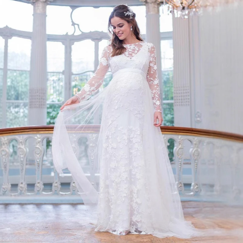 Pregnant Women's Dress Lace Long Sleeved V-shaped Back Hem Fluffy Skirt Pregnant Women's Wedding Dress