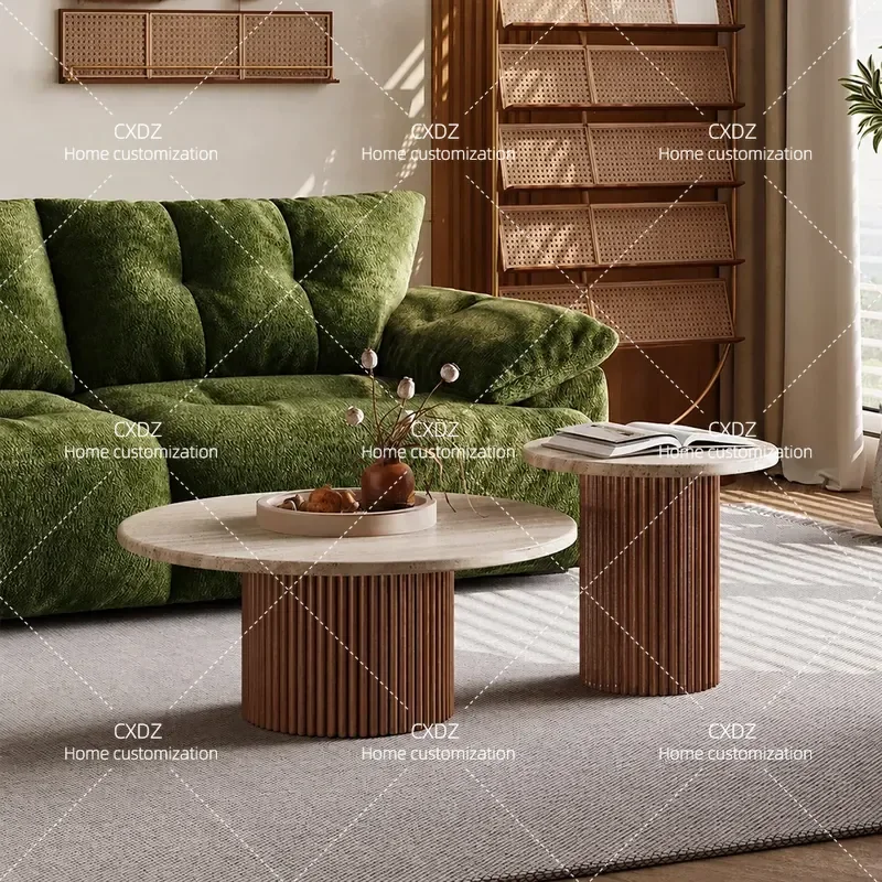 Travertine Stone Slab Coffee Table Set Round Modern Wabi Sabi Style Living Room Furniture for Small Apartment Home Decor
