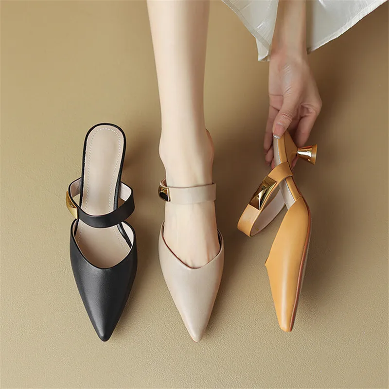 

2023 Summer Women Shoes Genuine Leather Shoes for Women Simple Women Slippers Thin Heel Pointed Toe Slippers Mules Ladies Shoes