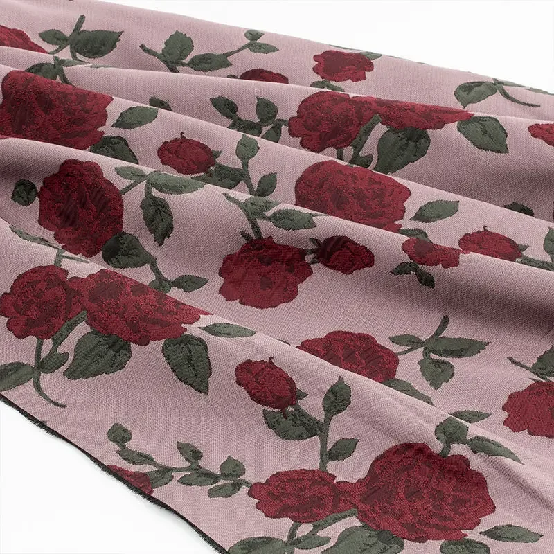 Dark red retro oil painting rose jacquard fabric rose brocade three-dimensional windbreaker clothing handmade DIY sewing fabric