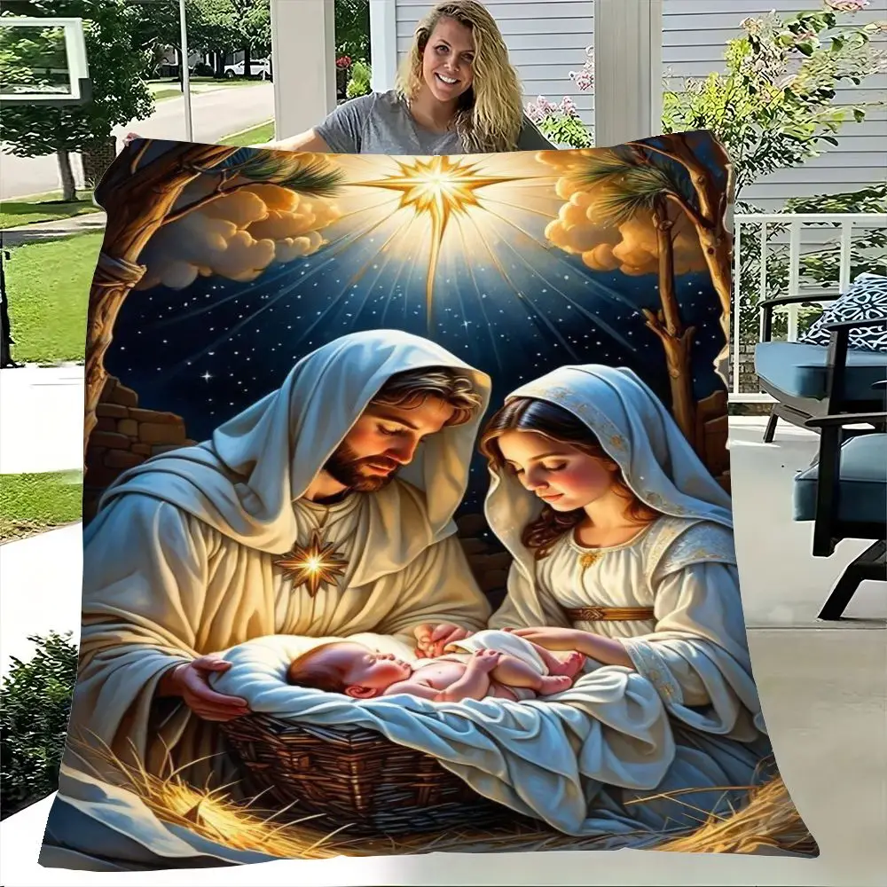 مشهد المهد المقدس مع طفل يسوع في مدير - ديكور عيد الميلاد الريفي الصادق الذي يتميز بجزيف ومريم تحت نجم ساطع