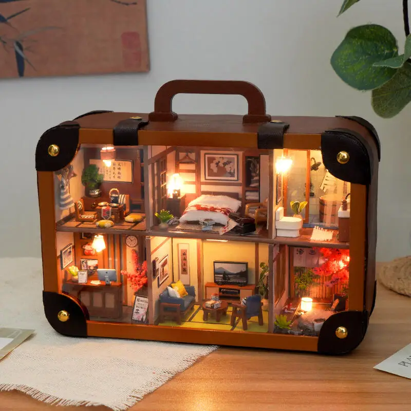 DIY Wooden Mini Casa Japanese Style Suitcase Miniature Model Kits With Furniture Puzzles Dollhouse for Friends Birthday Gifts