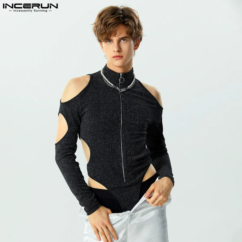 2023 Men Bodysuits Solid Shiny Turtleneck Zipper Long Sleeve Hollow Out Sexy Male Rompers Streetwear Fitness Bodysuit INCERUN